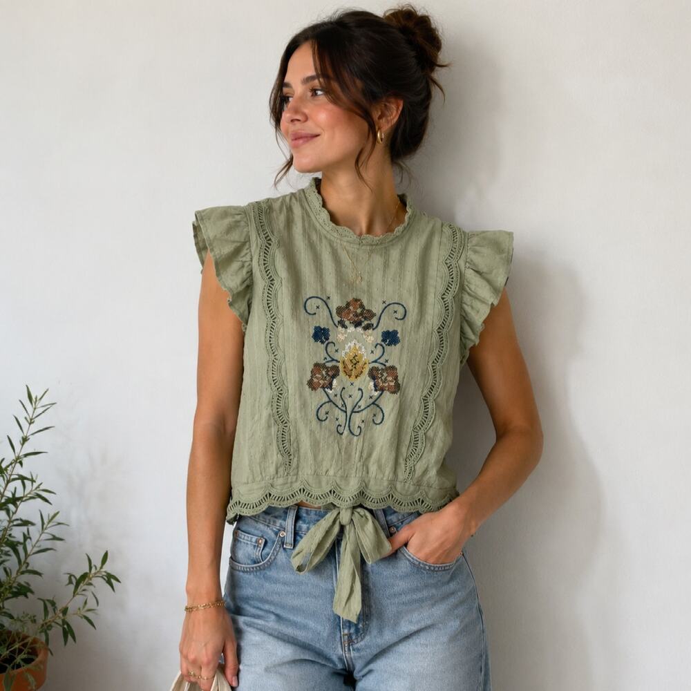 Mine Embroidered Blouse Women's Size M NWT Green Boho Cottage Vintage Inspired